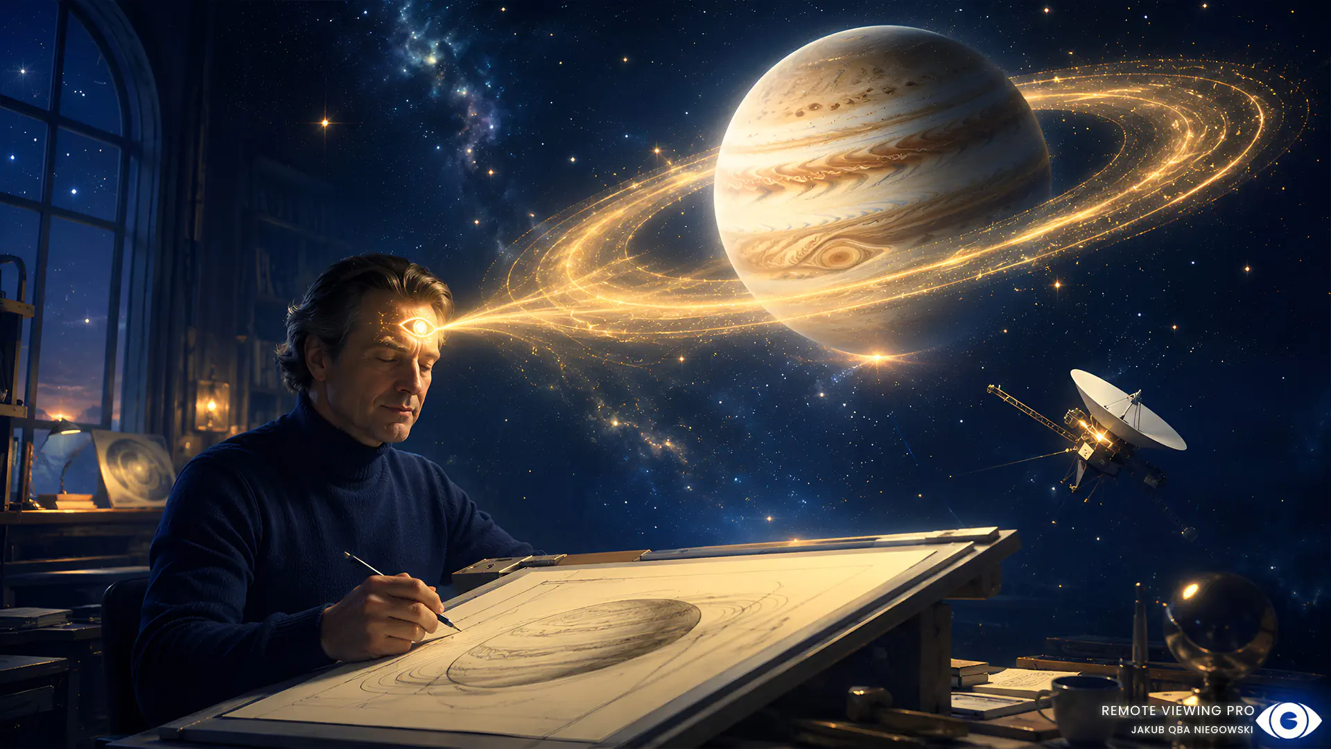 Portrait illustration of Ingo Swann, who remote viewed Jupiter's rings