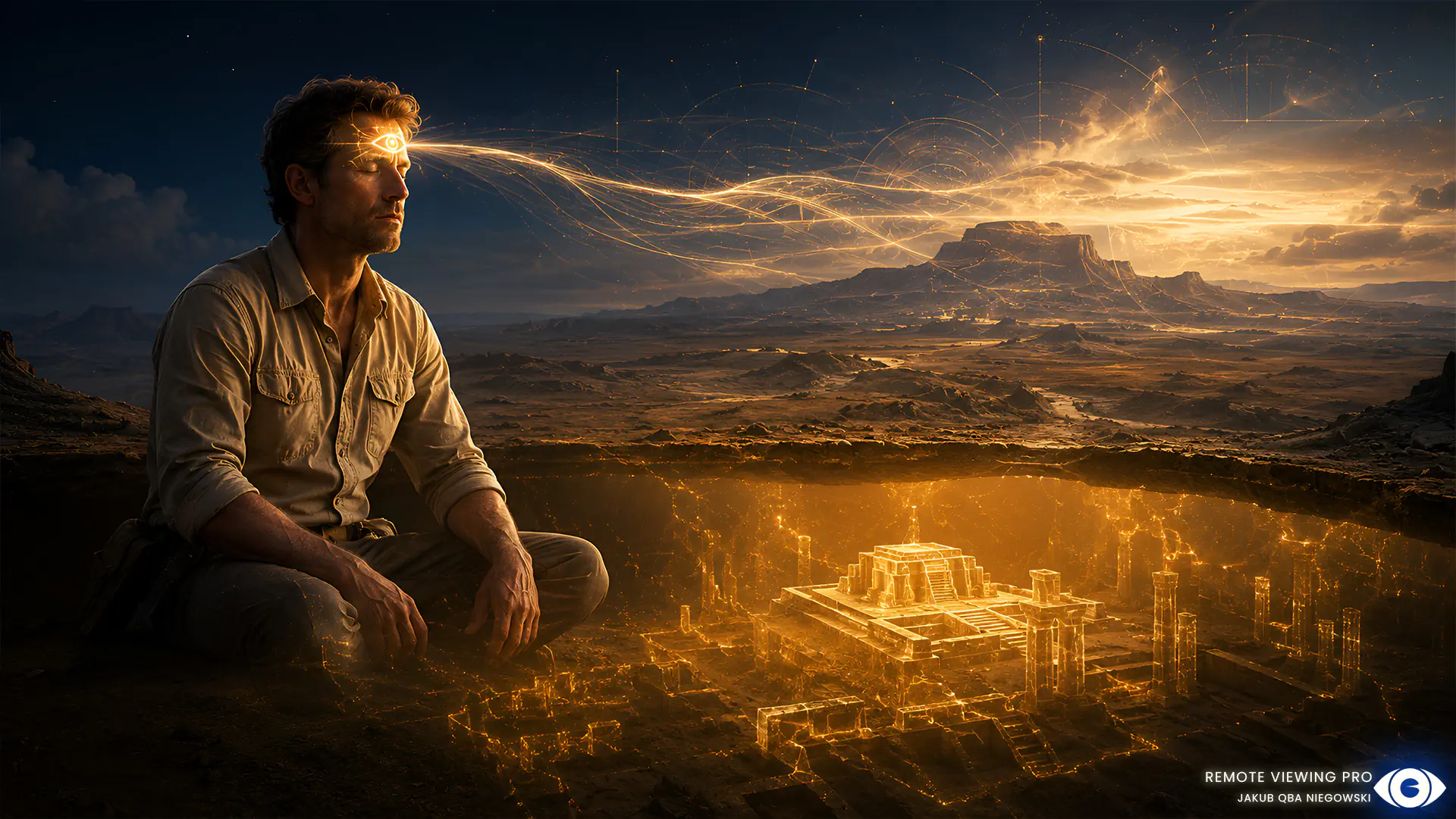 Artwork of remote viewing used in archaeology to explore ancient sites